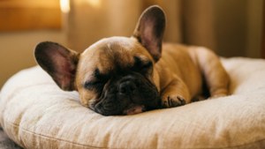 Sleeping Frenchie on Cushion