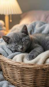 Sleeping Gray Kitten Basket