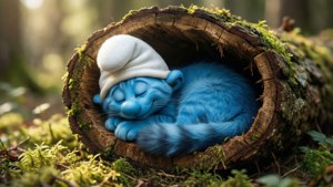 Sleeping Smurf Cat in Log