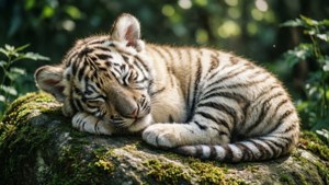 Sleeping White Tiger on Mossy Rock
