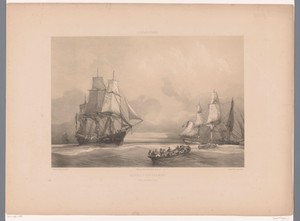 Sloepen varen van het ene zeilschip naar het andere