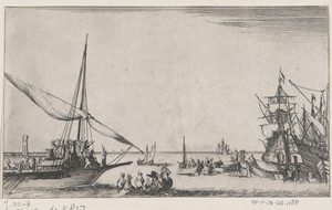 Sloepen varend tussen een galeischip links en zeilschip rechts