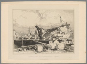 Sloop van de oude London Bridge met links de nieuwe brug, 1832