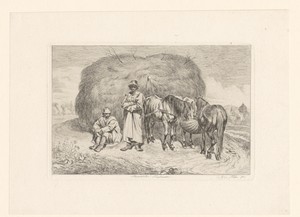 Slowaakse boeren en drie paarden bij de hooiwagen