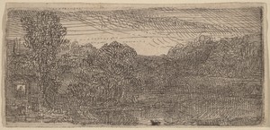 Small Gray Landscape: a House and Trees beside a Pool