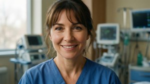 Smiling Nurse Blue Scrubs