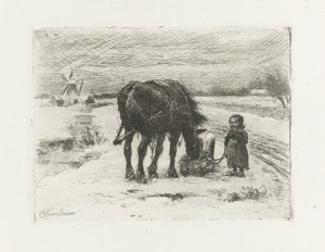Sneeuwlandschap met kind en paard