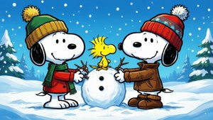 Snoopy and Woodstock Building Snowman