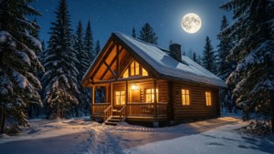 Snowy Cabin Night