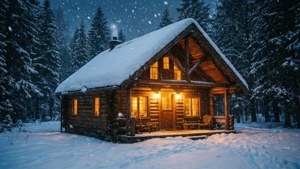 Snowy Cabin Night