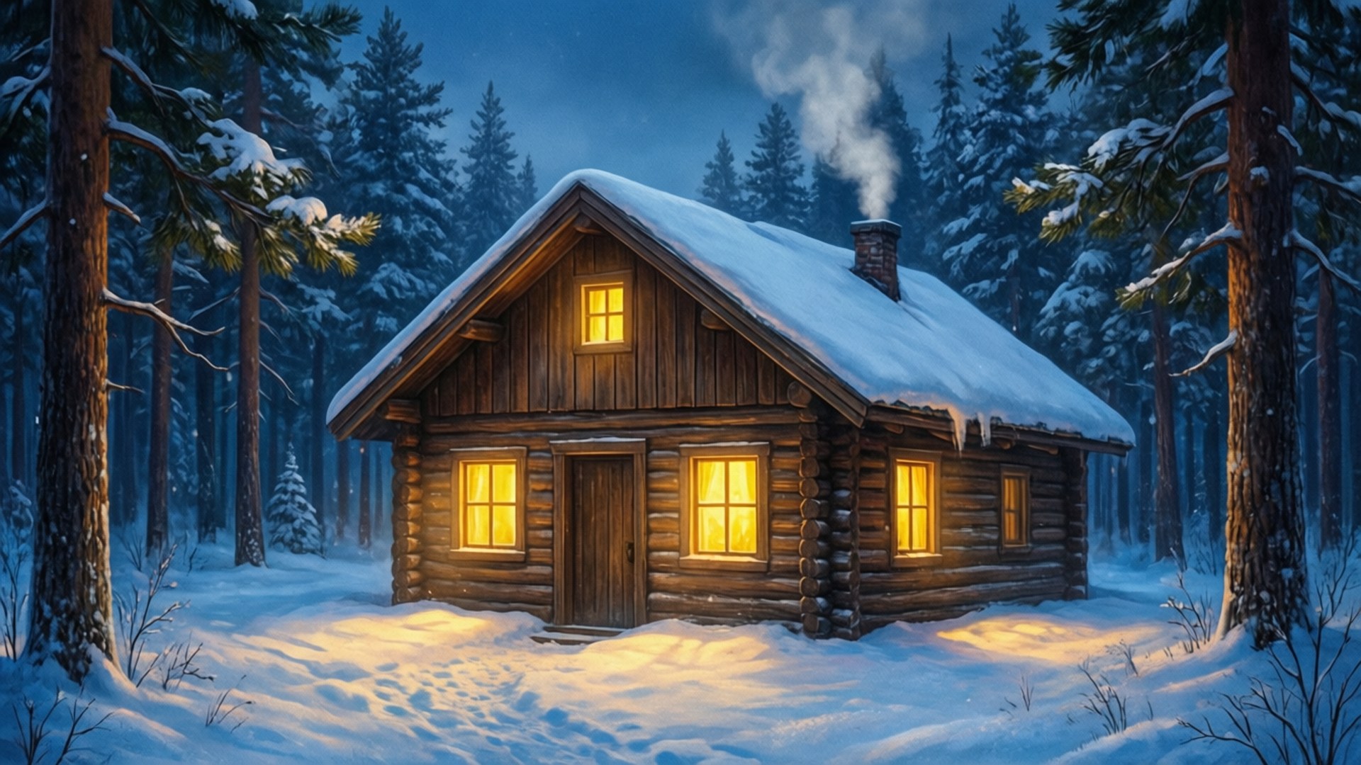 Snowy Cabin Twilight by Wallpapers.art Studio
