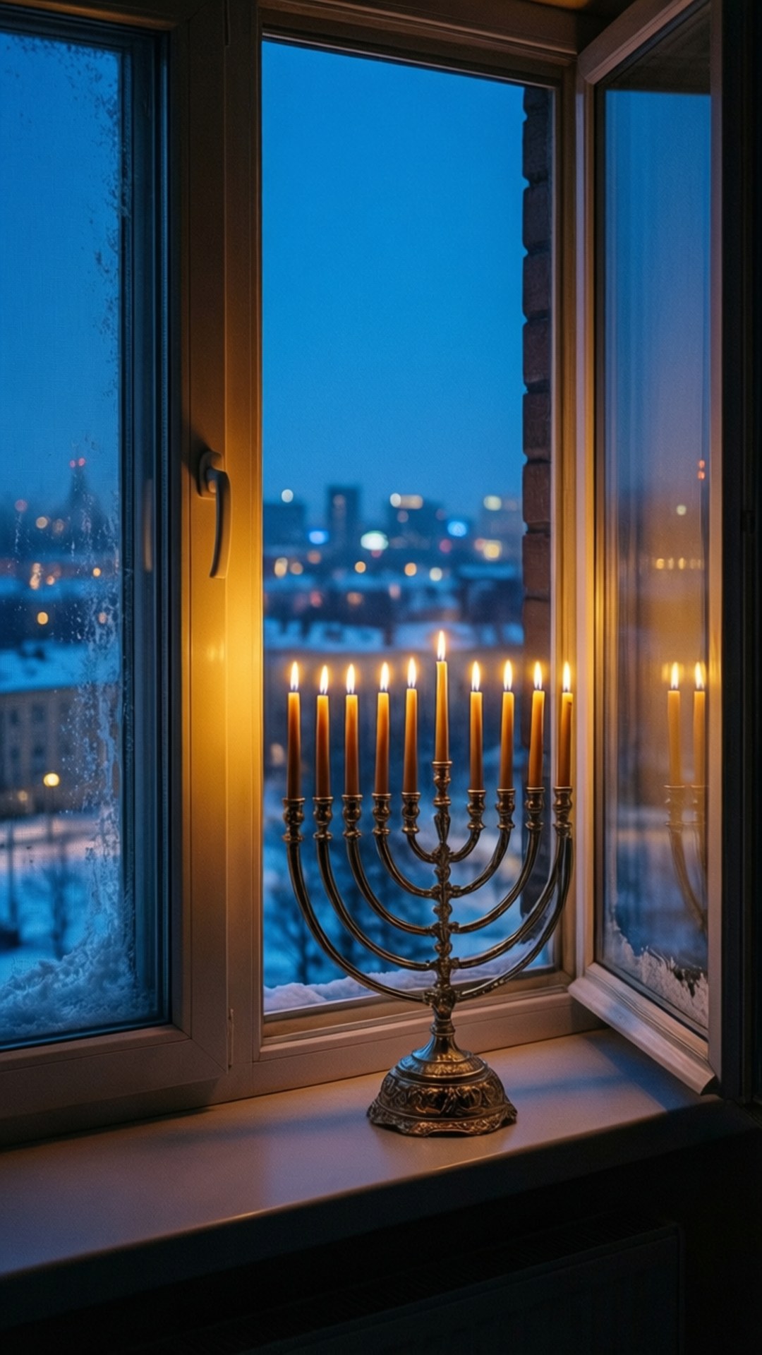 Snowy City Menorah by Wallpapers.art Studio