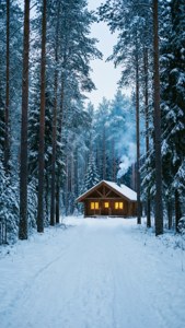 Snowy Forest Cabin Path