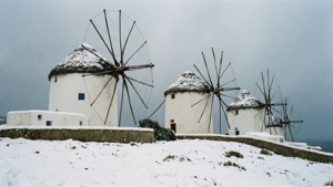 Snowy Mykonos Windmills