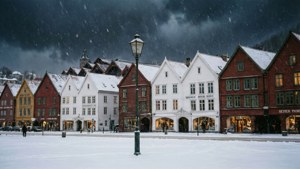 Snowy Night at Bryggen