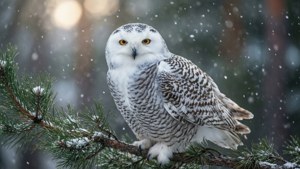 Snowy Owl on Pine Branch
