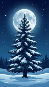 Snowy Pine Under Moon