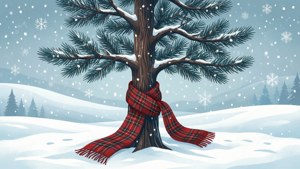 Snowy Pine with Plaid Scarf
