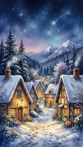 Snowy Village Watercolor