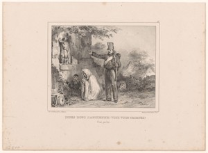 Soldaat en biddende oude vrouw met kind