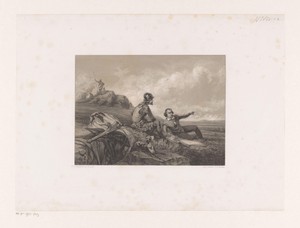 Soldaat en burgerman in een landschap