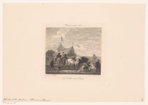 Soldaten en reizigers voor een tent