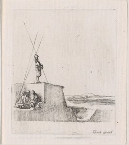 Soldaten met speren op borstwering, uitkijkend over een landschap