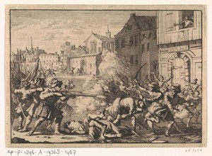 Soldaten strijden tegen katholieke studenten tijdens een oproer te Krakau, 1647