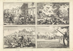 Soldaten strijden tegen katholieke studenten tijdens een oproer te Krakau, 1647 / Ontploffing van de kruittoren te Delft, 1654 / Aken brandt terwijl inwoners vluchten, 1656 / Schip van stuurman Ewoud Drouwert voor de monding van de Maas met in de verte een fata morgana van strijdende schepen, 1651