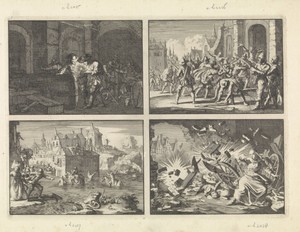 Soldaten te Breisach begaan een ongeluk door met vuur in een kelder met buskruit te komen, 1638 / Te Bremen dringen Luthersen tegen het verbod van de raad de Dom binnen terwijl de wacht de wapens neerlegt, 1638 / Hoog water tijdens het beleg van Wolfenbüttel, 1641 / Tijdens het beleg van Memmingen ontploft een granaat in een woning, 1647
