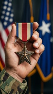 Soldier Holding Bronze Star