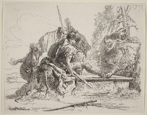 Soldier Seated on a Tomb with Surrounding Figures