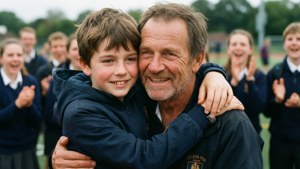 Son Hugs Dad After Race