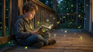Son Reading Under Fireflies