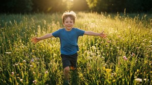 Son Running Through Flowers