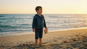 Son Watching Sunset Ocean