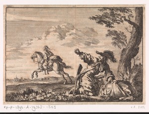 Spaanse ruiter heeft een vrouw beroofd die er op zijn paard vandoor gaat, 1687