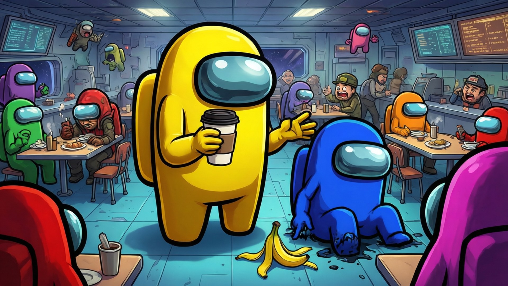 Space Cafeteria Chaos by Wallpapers.art Studio