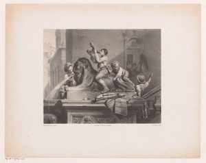 Spelende jongens op een Egyptische leeuw van het Capitool in Rome