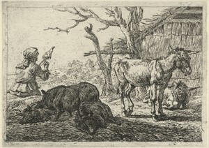 Spinnende vrouw, zwijnen en ezels
