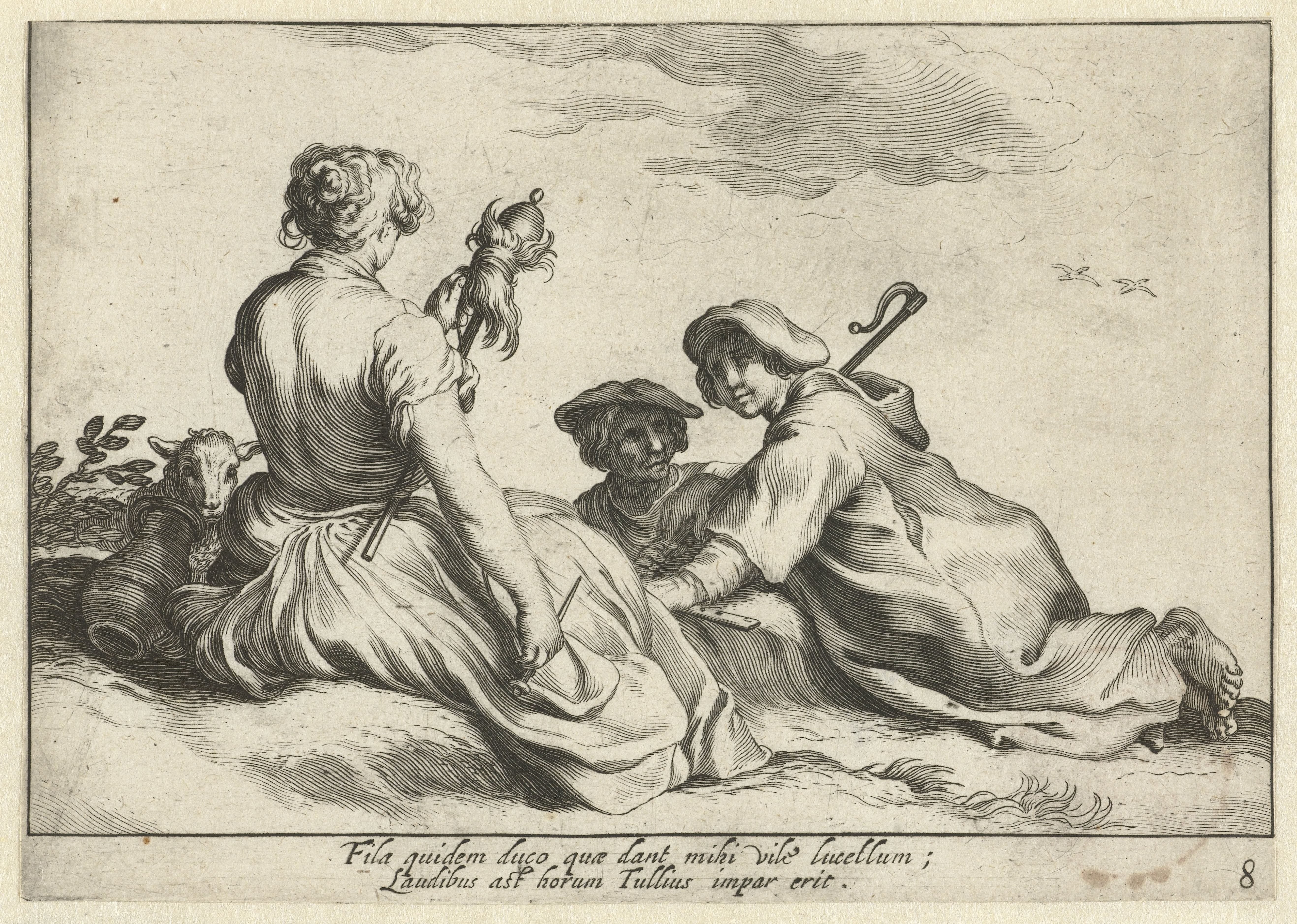 Spinster met twee herdersjongens by Cornelis Bloemaert (II)