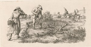 Spittende man, een vrouw met een mand en soldaten te paard