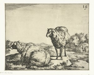 Staand en liggend schaap met boerderij op achtergrond