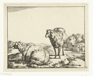 Staand en liggend schaap met boerderij op achtergrond