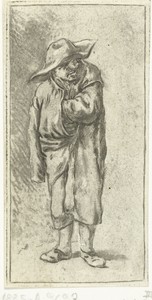 Staande boer met hand en arm in zijn mantel