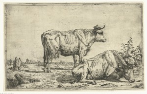 Staande en rustende koe, en profil