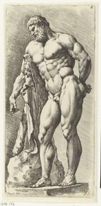 Staande Hercules een hand met appel op zijn rug