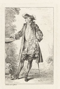 Staande man bij een bassin gekleed volgens de Franse mode ca. 1710