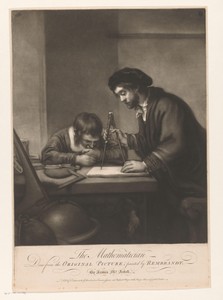 Staande man met passer en jongen zittend aan een tafel