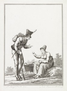 Staande soldaat bij een zittende appelverkoopster